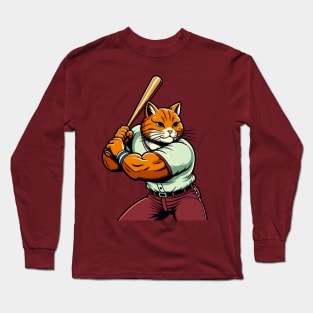 Vintage cat batsman - Retro 1990s Cartoon Style Baseball cat Long Sleeve T-Shirt